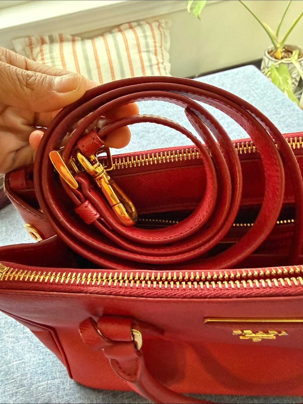 Prada Red Saffiano Leather Top-Handle Satchel with Gold Hardware - Picture 10 of 10
